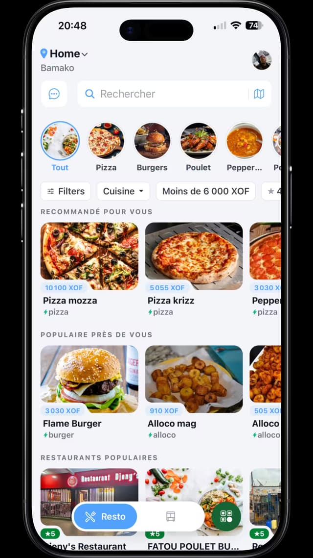 L'application Mogoyaa : l'accueil, avec les restaurants proches de vous.