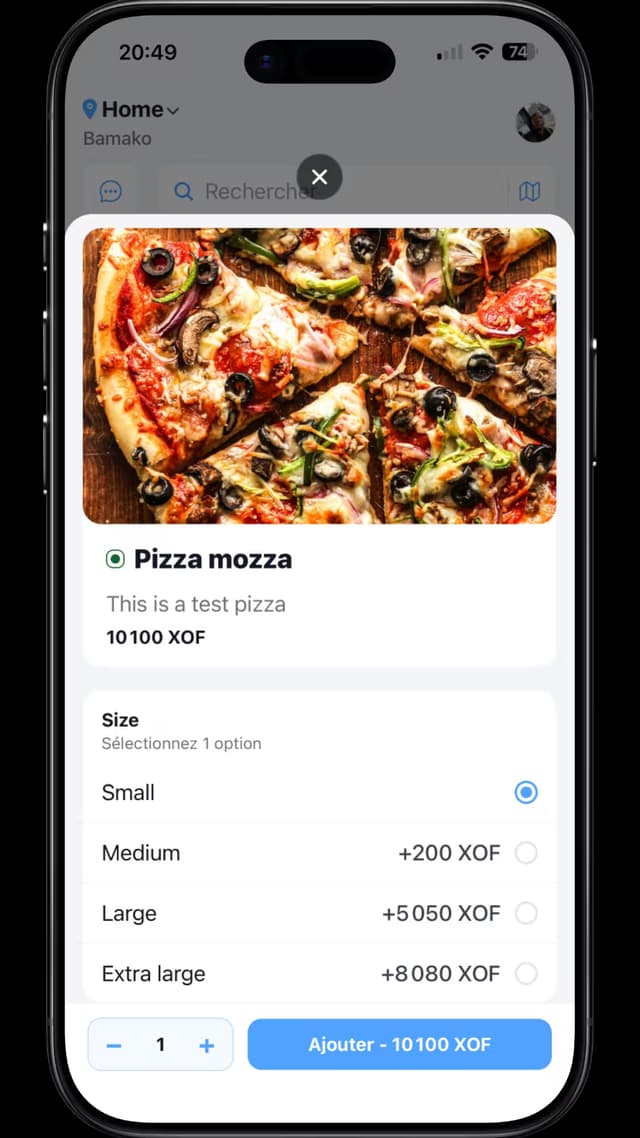 L'application Mogoyaa : la carte d'un restaurant, avec les plats et leurs prix.