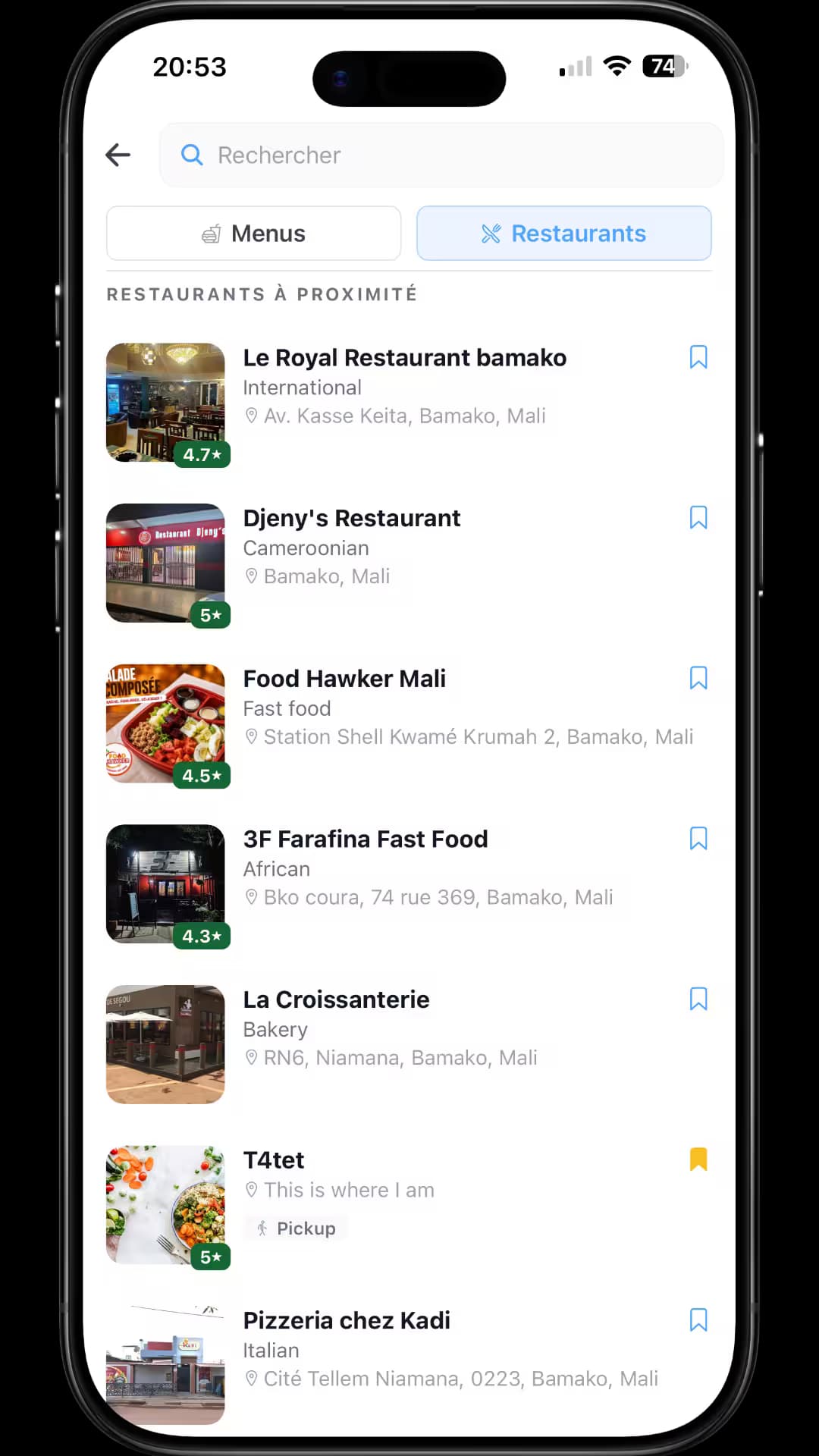 L'application Mogoyaa : la recherche, avec les plats et les restaurants proches.