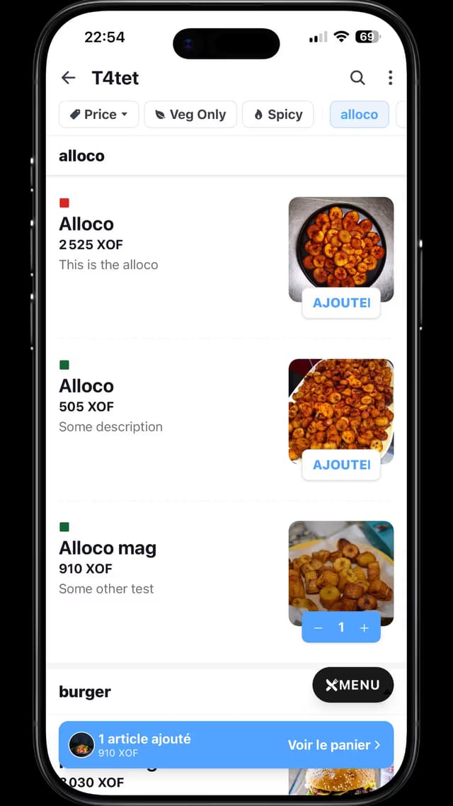 L'application Mogoyaa : la carte en ligne d'un restaurant.