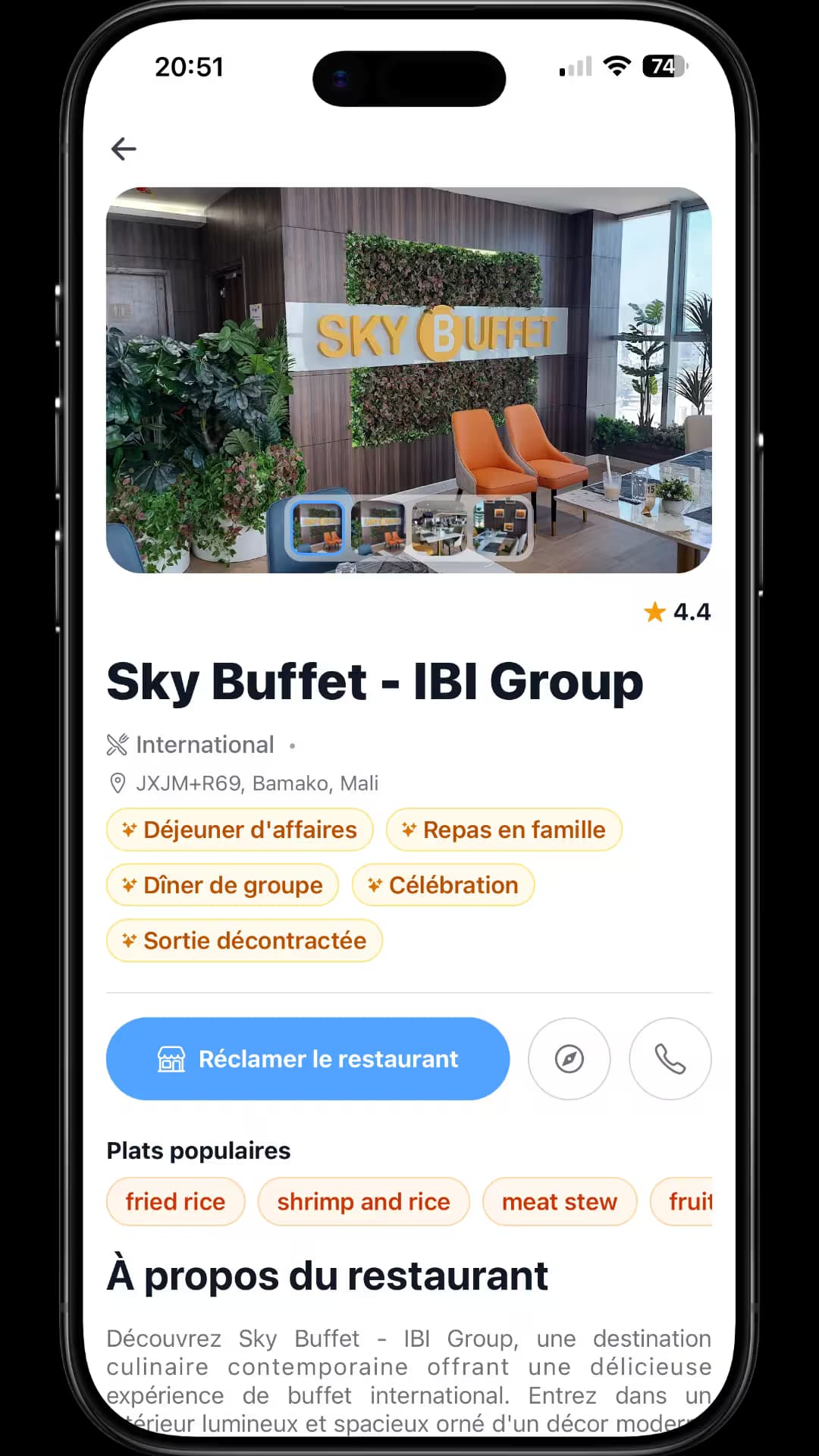 L'application Mogoyaa : la page d'un restaurant, avec sa carte et ses avis.