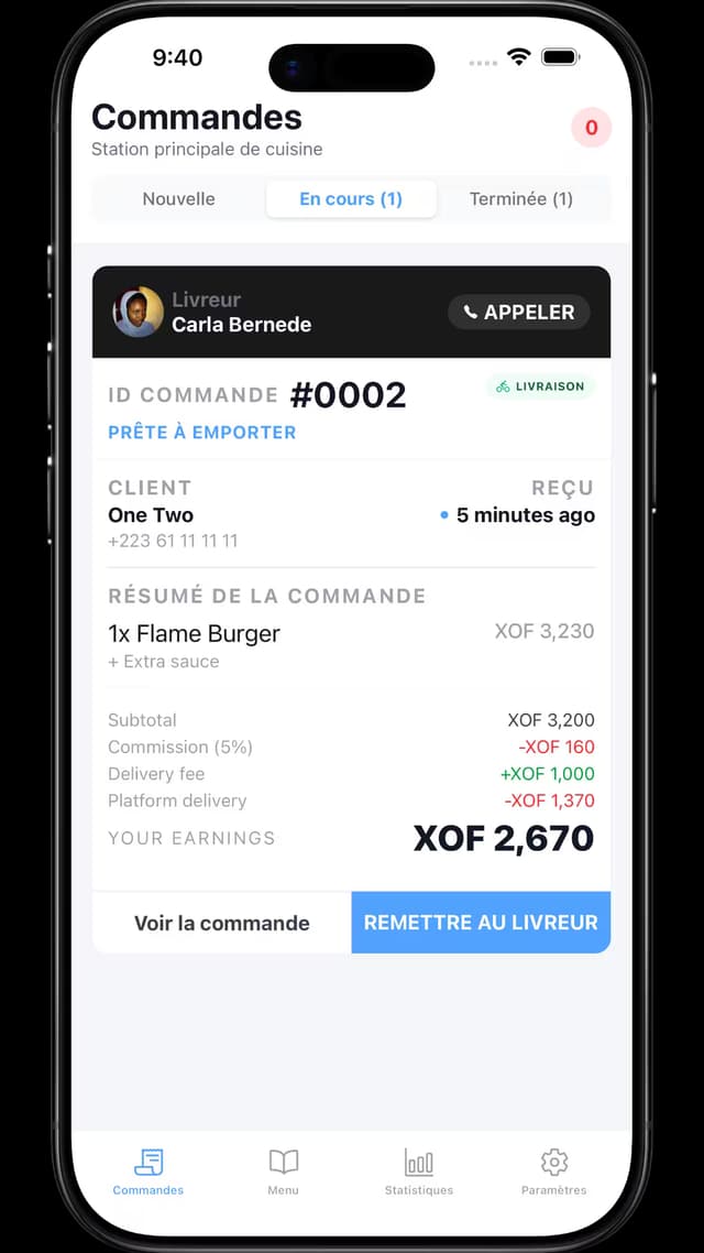 L'application partenaire : une nouvelle commande qui arrive en cuisine.